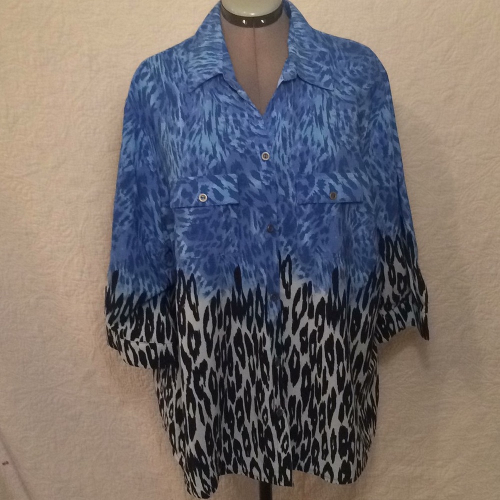 Southern Lady 2X Button Down Blouse Blue Black